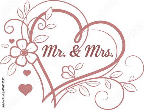 Charming Mr. & Mrs. Wedding Insignia with Heart and Floral Accents—Perfect for Romantic Wedding Invitations and Elegant Celebration Decor