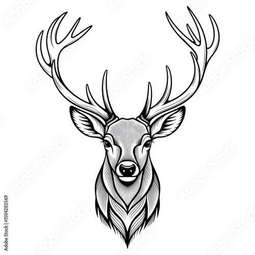 A black and white mandala stag head design illustration line art of a coloring page 