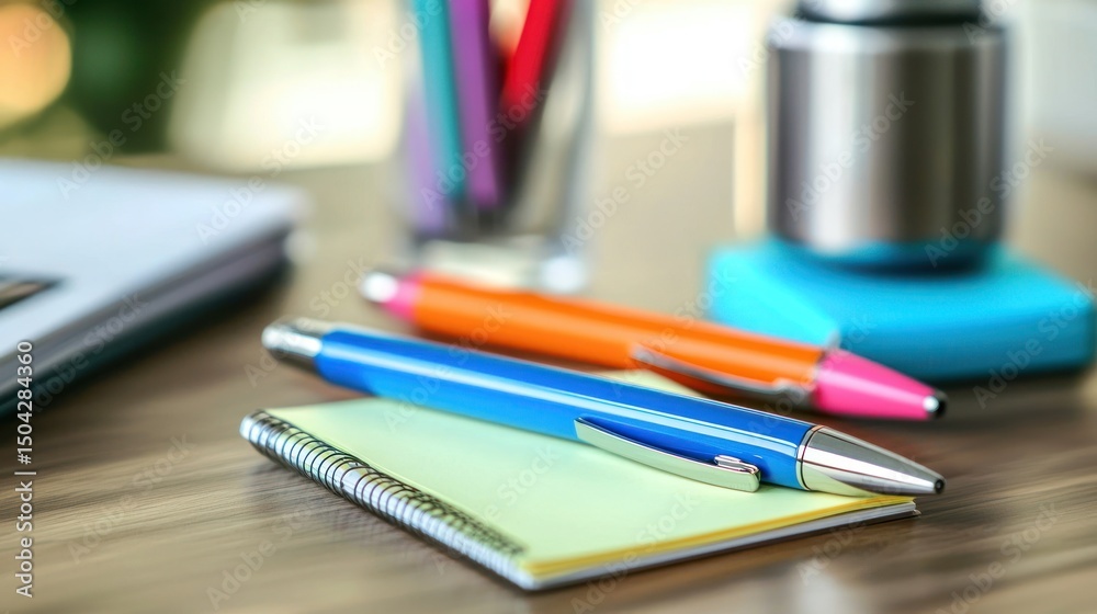 A set of pens and a sticky note pad on a desk A set of pens and a sticky note pad on a desk