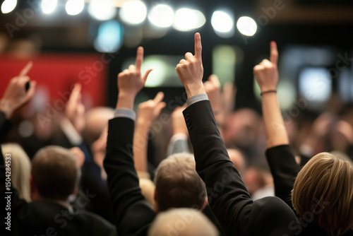 A property auction with bidders raising paddles in a grand hall.
