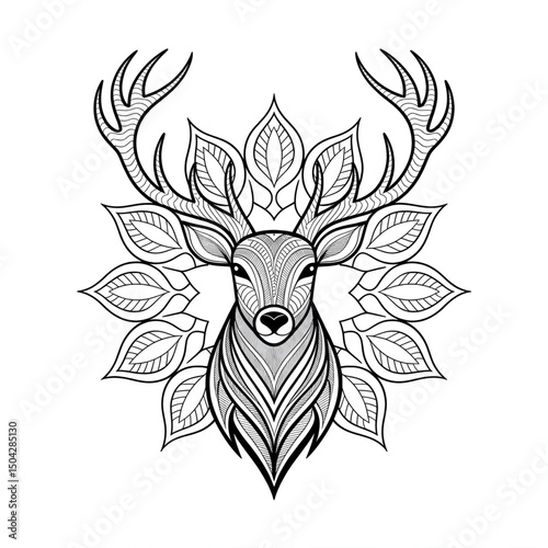 A black and white mandala stag head design illustration line art of a coloring page