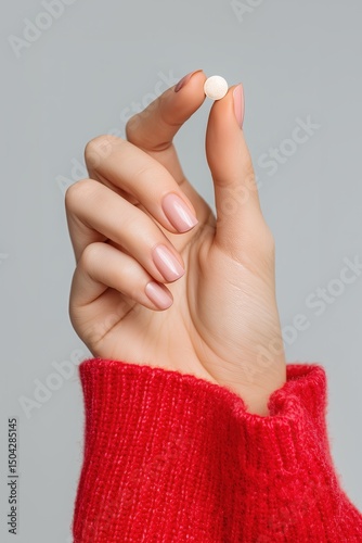 Hand holding white pill indoor setting health concept minimalist