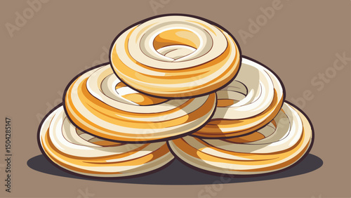 White onion rings arranged in a creative stack showcase their delicate texture and subtle color variations. Set against a clean neutral background, the composition emphasizes freshness, ideal for culi