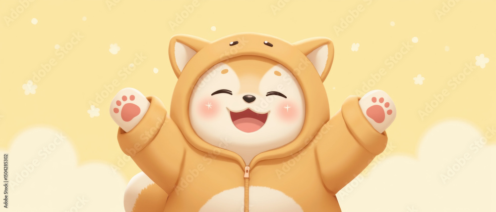 Cute animated character wearing cozy orange hoodie, smiling joyfully with raised arms against soft yellow background Cute animated character wearing cozy orange hoodie, smiling joyfully with raised arms against soft yellow background