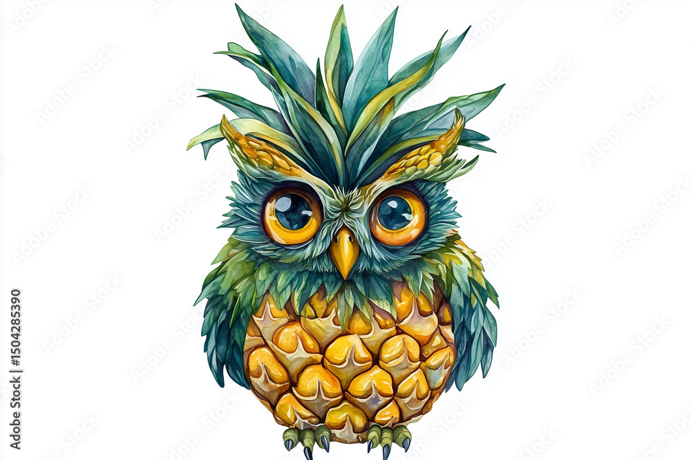 Fototapeta premium Cute cartoon owl illustration with brown feathers and big eyes on a white background