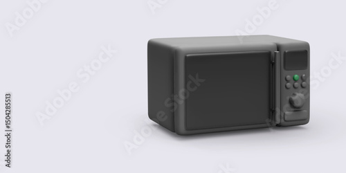 Black Microwave Oven With Digital Panel And Knob On Light Background, Minimalist 3D Style Depicting Kitchen Appliance For Quick Food Heating, Cooking, And Daily Use. Vector Illustration.