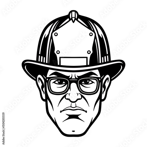 Serious Firefighter Portrait Black and White Illustration of a Determined Fireman