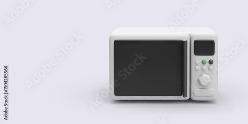 White Microwave Oven With Dark Window And Control Panel On Light Background, Minimalist 3D Style Representing Kitchen Appliance, Food Heating, And Quick Meal Preparation. Vector Illustration.