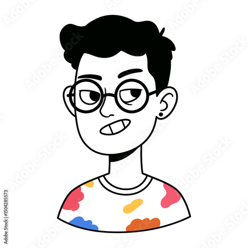 Stylish Cartoon Boy Illustration  A Quirky, Expressive Character Design with Glasses and Colorful Shirt