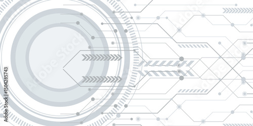 Futuristic technology background with white circle circuit wires on light blue motherboard. Futuristic electronics concept. AI chip or semiconductor on a computer motherboard.
