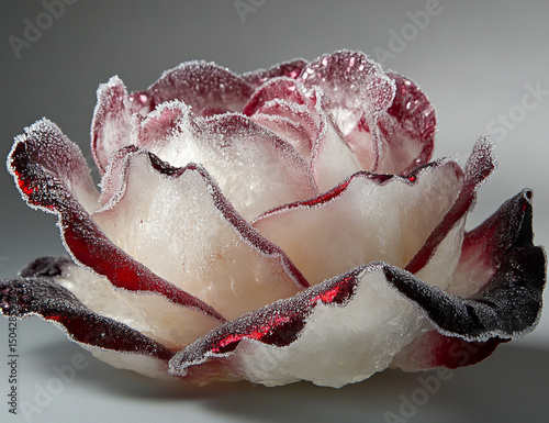 A close-up photograph of an ice-covered rose, with white and dark red petals, and dew on them, against a grey background