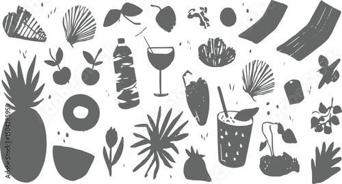 set of summer icons, travel, hotel, beach, swimming, Hand drawn corals isolated on white. Sketch drawing, 