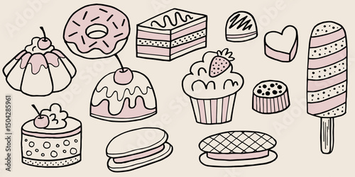 Sweets desserts collection in hand drawn style. Coquette bakery items. Line art sweet pastry food. Vector graphic
