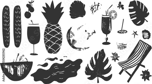 set of summer icons, travel, hotel, beach, swimming, Hand drawn corals isolated on white. Sketch drawing, 