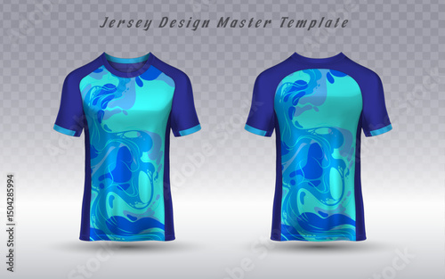 igh-quality sports jersey template featuring dynamic wavy blue and turquoise patterns. Includes front and back views, ideal for custom sportswear branding and apparel design.