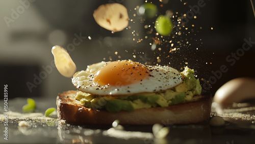 A close-up shot of an egg and avocado on toast, highlighting the delicious combination of these fresh ingredients in a breakfast
