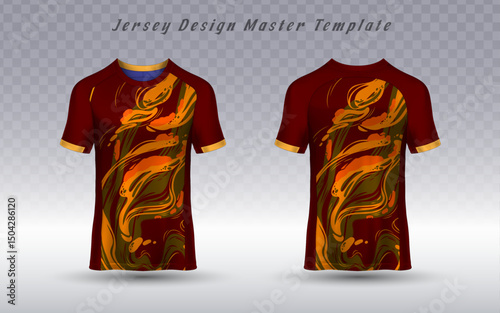 Stylish sports jersey template featuring maroon fabric with intricate swirling patterns in orange, yellow, and green. Displays front and back views, ideal for custom sportswear branding.