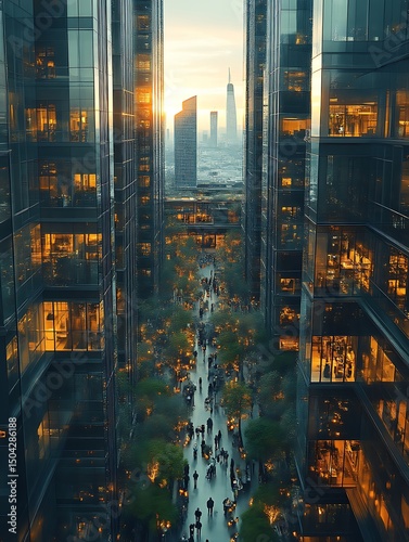 Modern city skyscrapers and a pedestrian walkway with many people