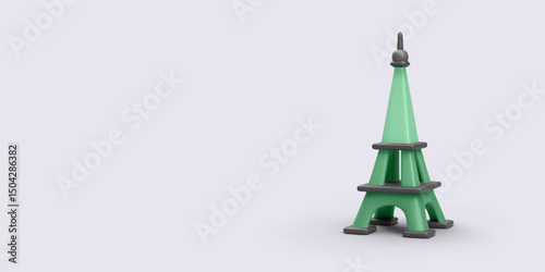 Minimal Eiffel Tower In Green And Gray 3D Style, Standing On Light Background. Ideal For Paris Travel Themes, French Culture, Architecture Icons, Or Tourism Design. Vector Illustration