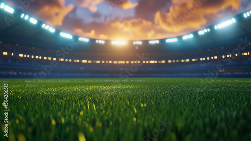 A 3D rendering captures a soccer stadium glowing under sunset skies, with lush green grass shining below.

