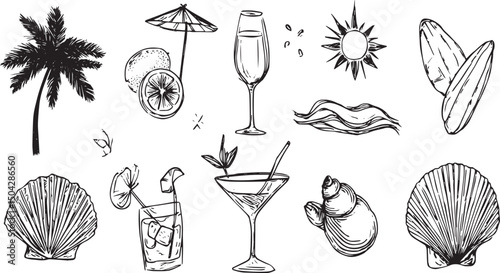 Chalk doodle style vector illustrations set. Travel hand-draw doodle background. Tourism and summer sketch, Vector illustration