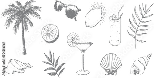 Chalk doodle style vector illustrations set. Travel hand-draw doodle background. Tourism and summer sketch, Vector illustration