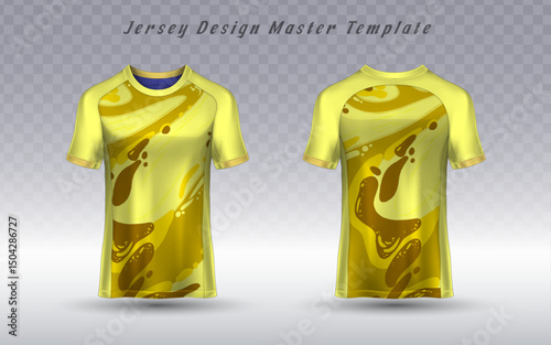 High-quality sports jersey template with bold yellow and black diagonal graphics. Front and back views included, ideal for custom apparel branding and team uniforms.