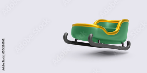 Green Christmas Sleigh With Gold Details And Black Runners In Minimal 3D Style, Floating On Light Background, Perfect For Holiday, Winter, And Festive Themes. Vector Illustration