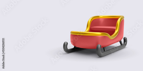 Santa Sleigh In Minimal Red And Gold Style With Black Runners On Soft Background, Perfect For Winter Holiday, Christmas Decor, Or Festive Scenes. Stylish 3D Vector Illustration