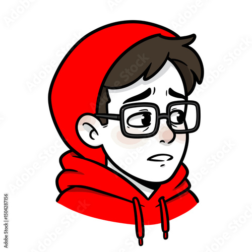 Sad Cartoon Boy in Red Hoodie  Illustration of a Worried Young Man with Glasses