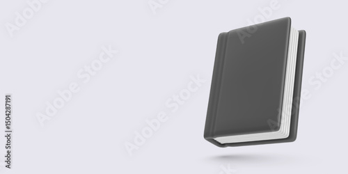 Closed book with black hardcover in modern 3D cartoon style, floating on light background. Ideal for education, reading, or publishing visuals. Vector illustration.