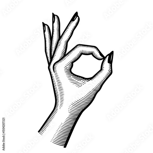 Sketch of a hand showing the OK sign. Engraving style. Vector, isolated on background