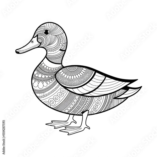 A black and white mandala duck design illustration line art of a coloring page 