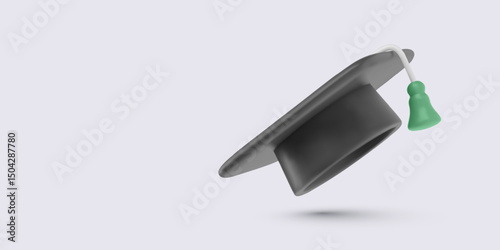 Black academic graduation cap with green tassel floating on light background. Vector illustration ideal for education, university, success, learning, ceremony, achievement, or scholarship themes.