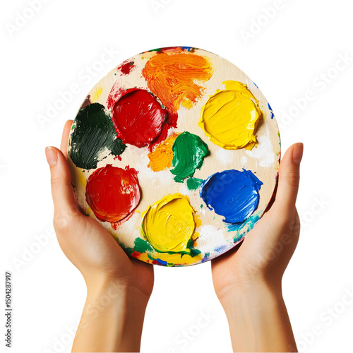 Colorful artist palette with vibrant oil paints held in hands red blue on transparent background