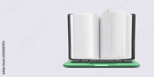 Open book placed vertically on laptop keyboard, symbolizing online learning and digital education. Vector illustration ideal for e-learning, virtual classes, academic resources, and knowledge sharing.
