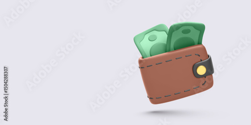 Open Leather Wallet Filled with Paper Cash Floating on Light Background. Perfect for Money, Finance, or Shopping Themes. Realistic 3D Minimal Concept with Clean Look. Vector Illustration Included.