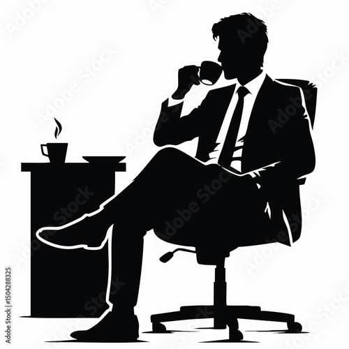 The boss is sitting relaxing while drinking coffee