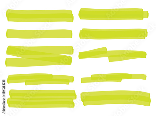 Hand Drawn Yellow-Green Marker Strokes, Sharpie Brush Pen Highlights, Scribble Doodle Lines, and Vector Text Underlines