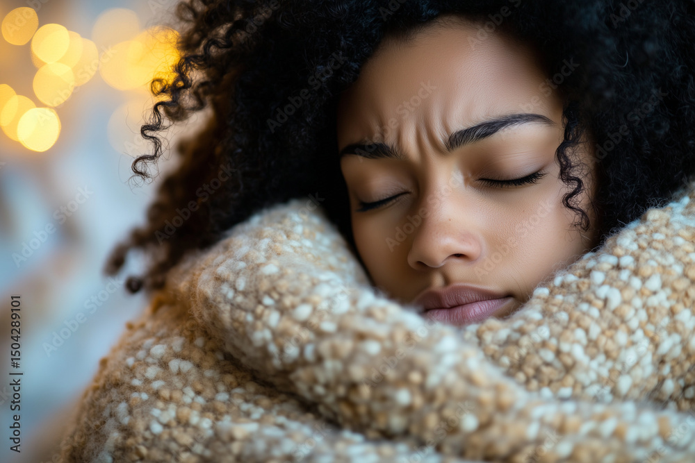 A tired woman wraps herself in a blanket, seeking comfort from the pain. A tired woman wraps herself in a blanket, seeking comfort from the pain.