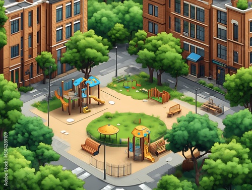 An illustrated image shows an urban playground surrounded by buildings and trees