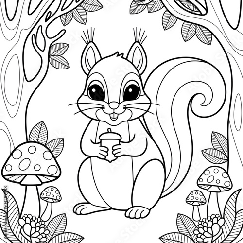 A black and white squirrel illustration line art of a coloring page 