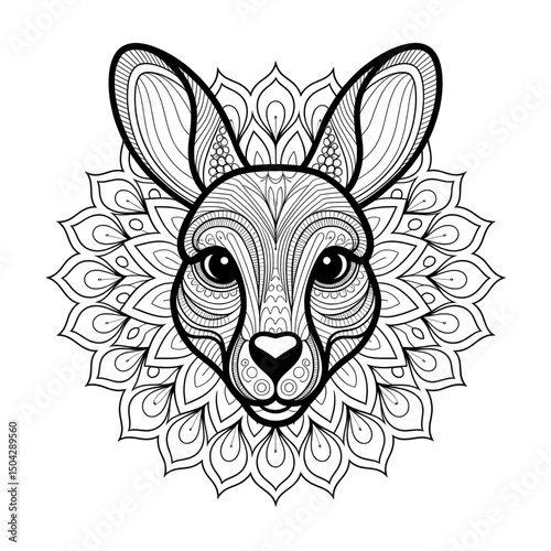 A line art mandala kangaroo head design illustration of a coloring page 