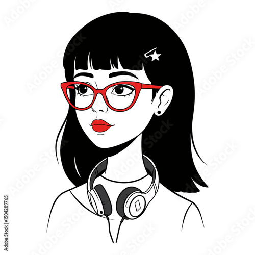 Stylish Girl with Red Glasses and Headphones Trendy Black and White Illustration