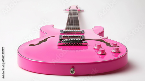 A vibrant pink guitar placed on a clean white background, showcasing its sleek curves and glossy finish.
