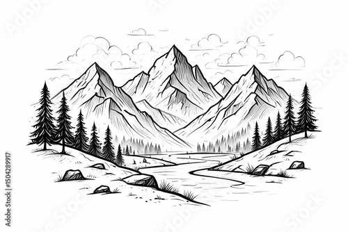Ink Sketch Majestic Mountain Range photo