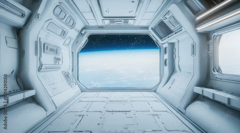 Fototapeta premium White spaceship corridor with Earth view