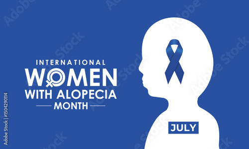 Illustration on the theme of International Women with Alopecia Month Empowering Confidence, Breaking Stigmas, Celebrating Strength. Blue ribbon with Realistic ribbon Banner poster background design.