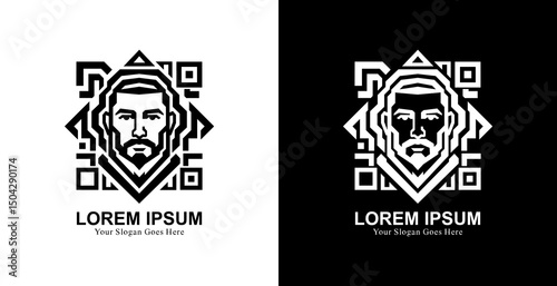 Handsome man head logo design with QR or barcode shape