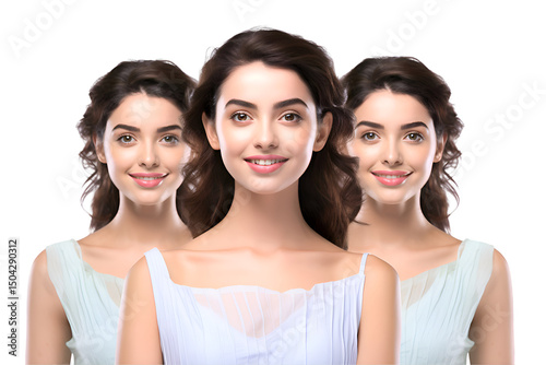 Young Woman with Glowing Skin and Natural Makeup Applying Facial Cream and Posing with Varied Expressions on White Background